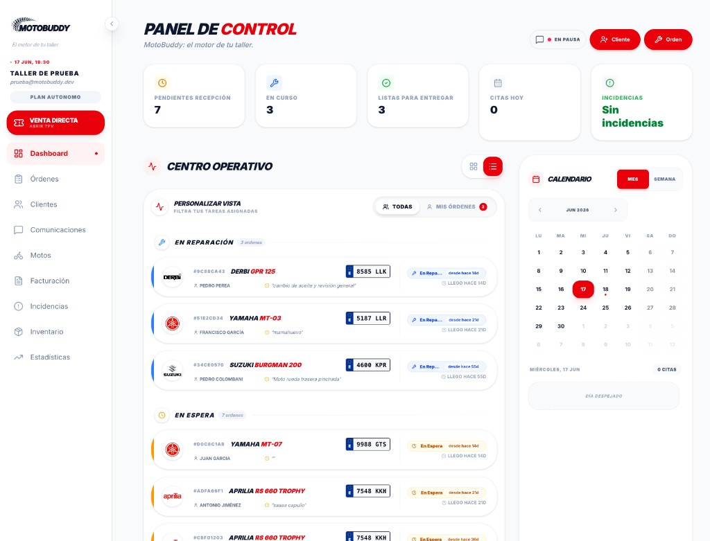 Panel de control de MotoBuddy con órdenes en reparación y calendario de citas