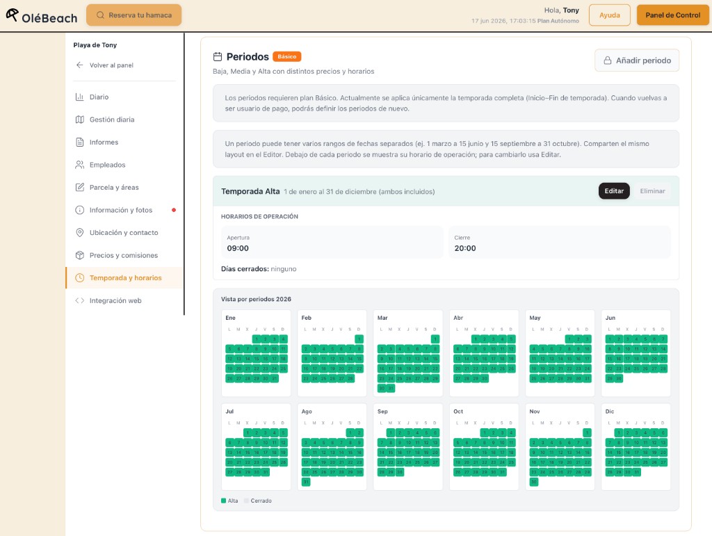 Panel de OleBeach con gestión de temporada, horarios y calendario anual